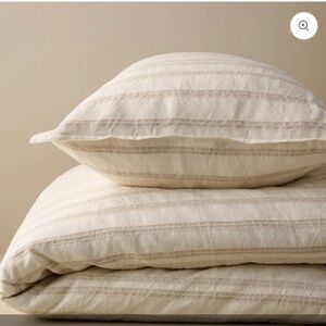 California King Magnolia Embroidered Stripe Linen Cotton Duvet Cover - Oatmeal